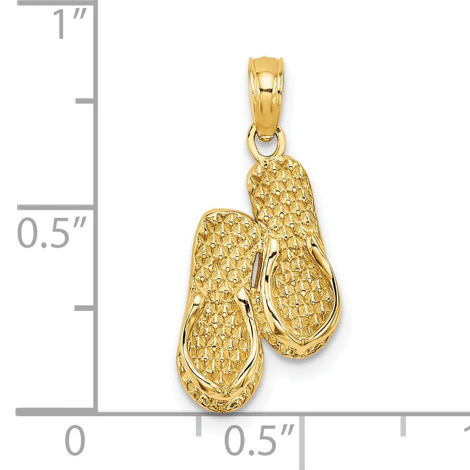 14k Yellow Gold Polished Textured Finish Reversible 3-Dimensional CAPE COD Double Flip-Flop Sandles Charm Pendant