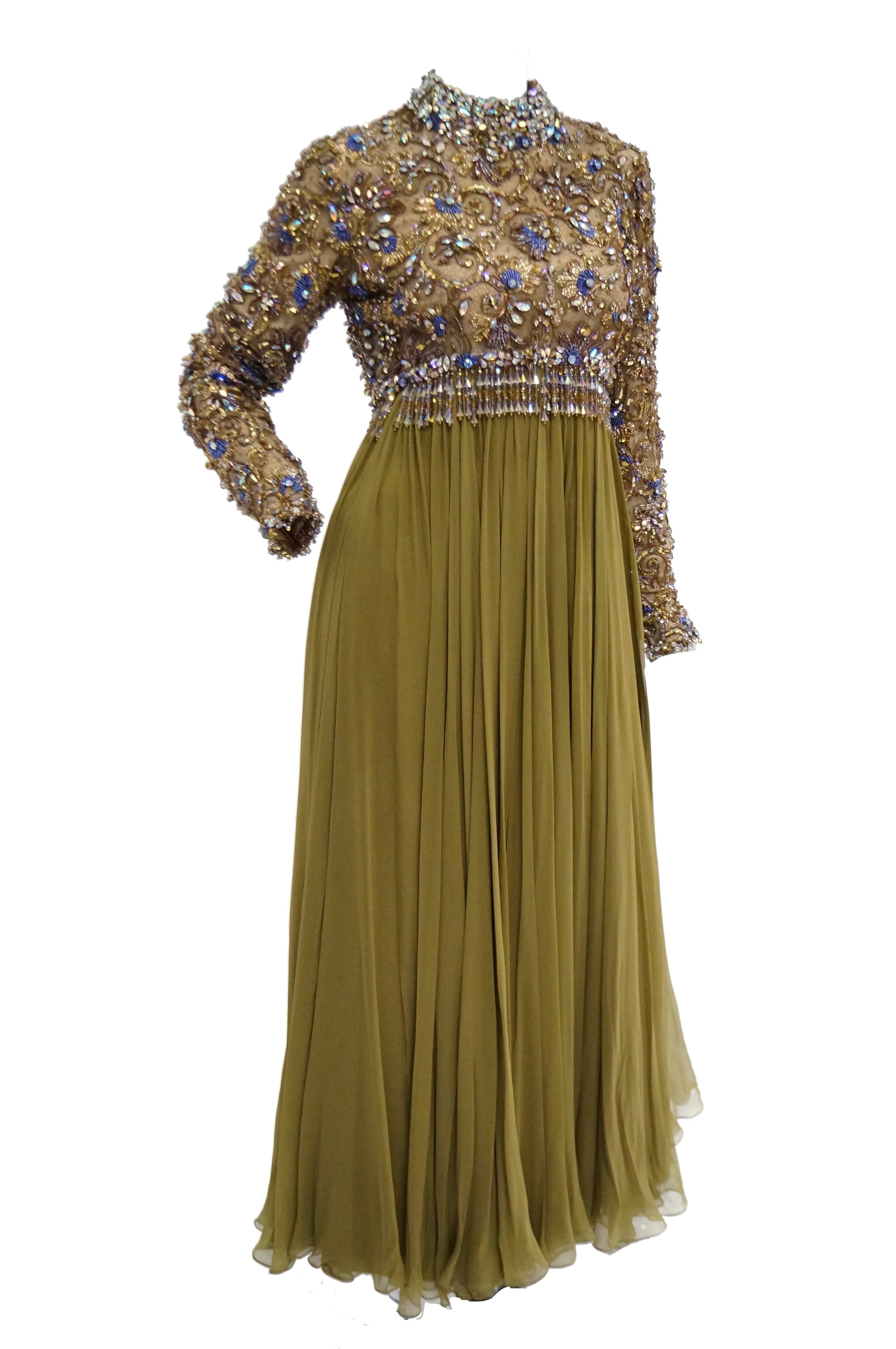 1960s George Halley Olive Green Silk Chiffon Beaded Bodice Evening Dress