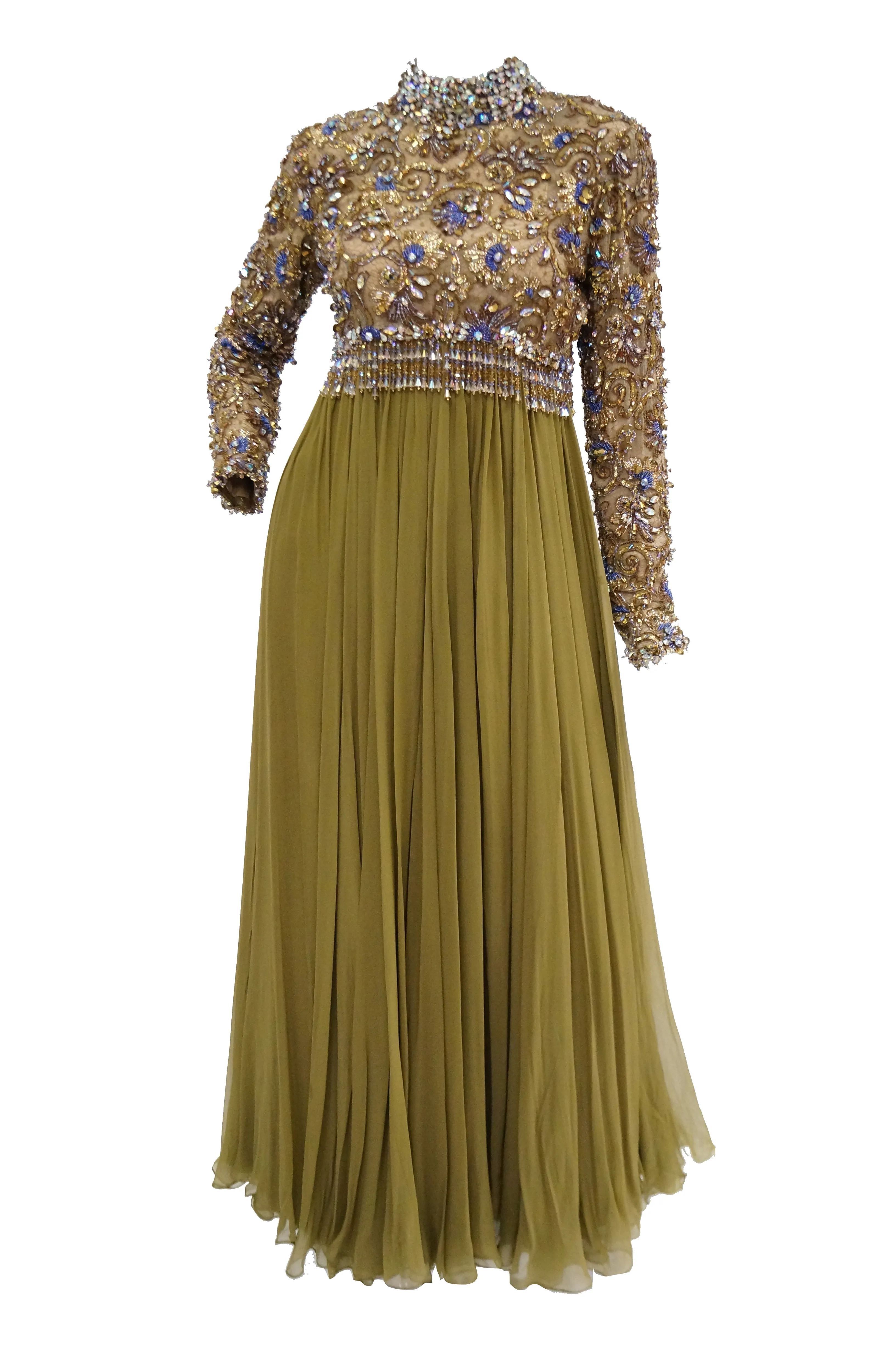 1960s George Halley Olive Green Silk Chiffon Beaded Bodice Evening Dress