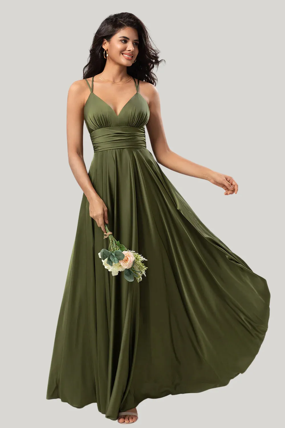 A Line Spaghetti Straps Olive Maxi Wedding Party Dress with Ruffles