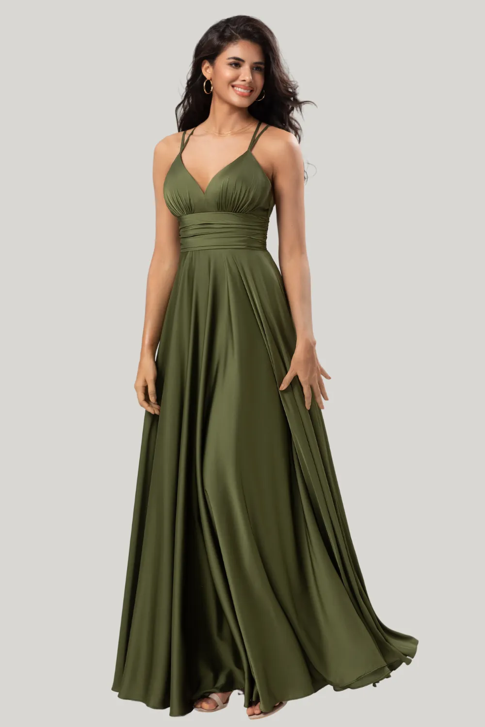 A Line Spaghetti Straps Olive Maxi Wedding Party Dress with Ruffles