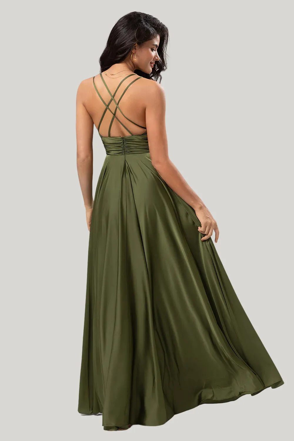 A Line Spaghetti Straps Olive Maxi Wedding Party Dress with Ruffles