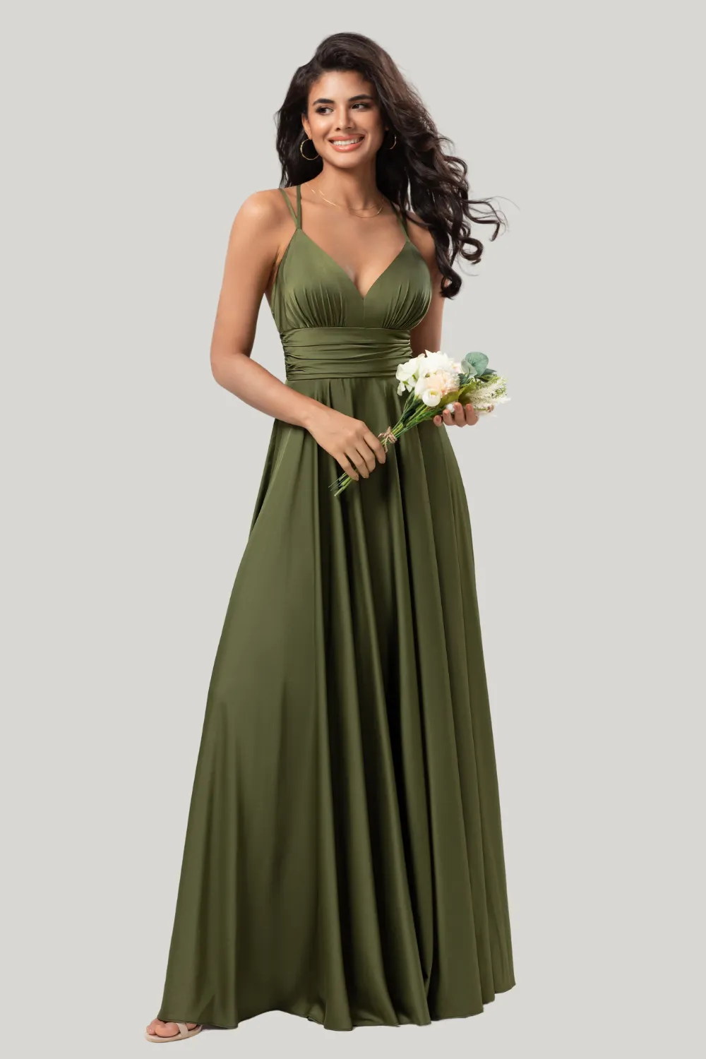 A Line Spaghetti Straps Olive Maxi Wedding Party Dress with Ruffles