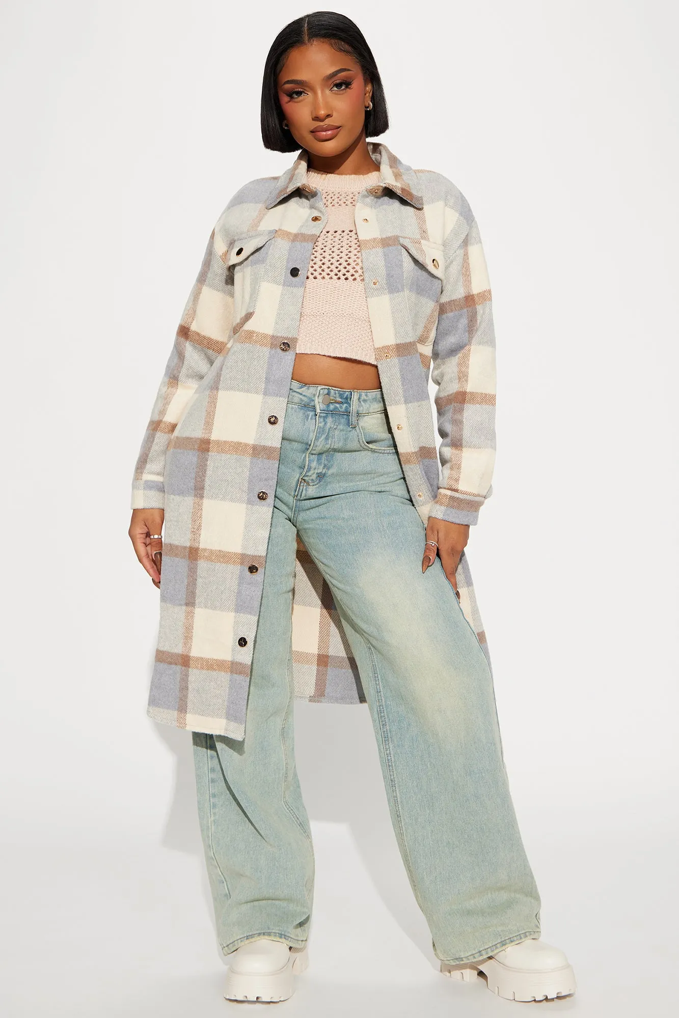 About Her Business Plaid Coat - Cream/combo