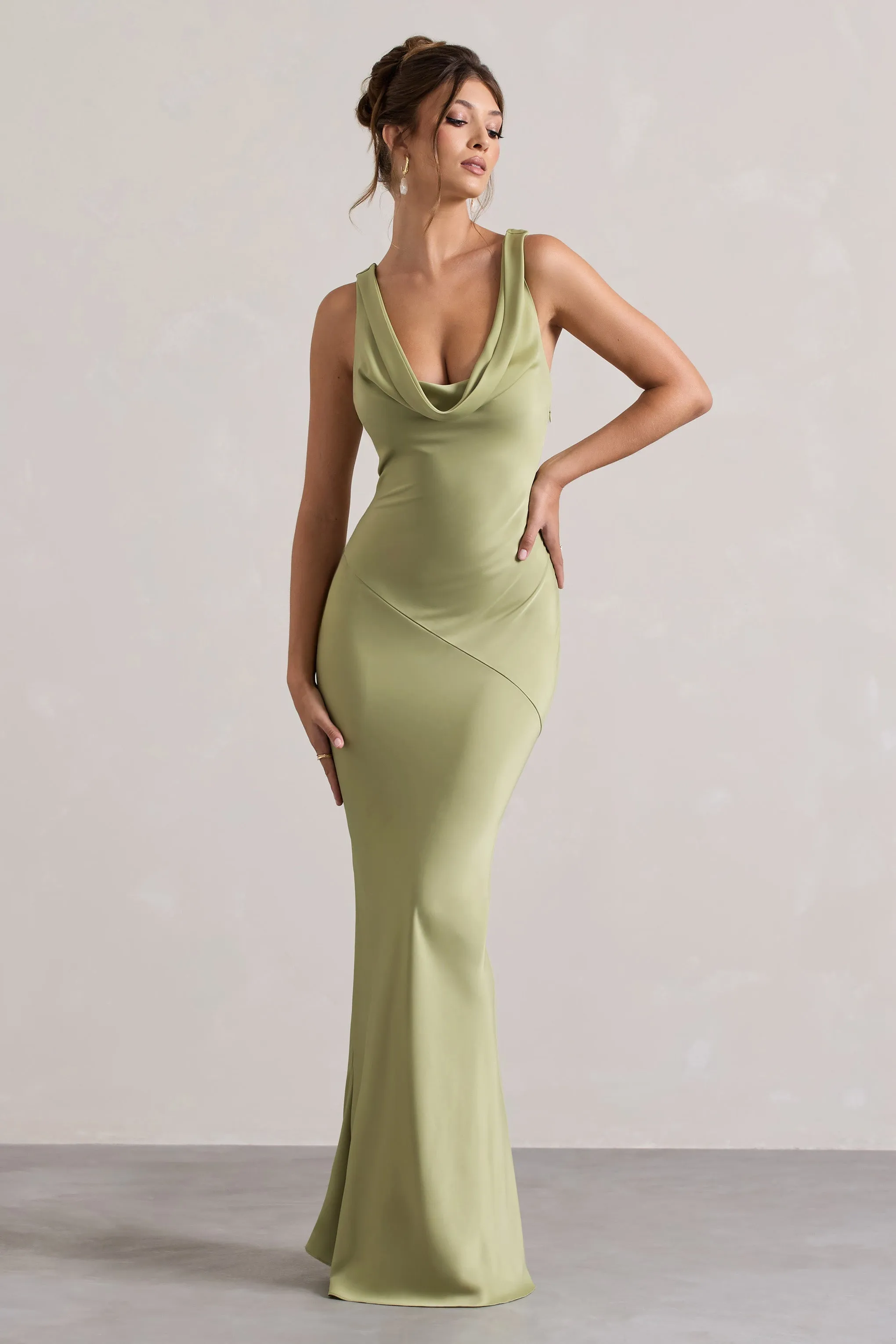 Alesso | Light Olive Satin Cowl-Neck Maxi Dress