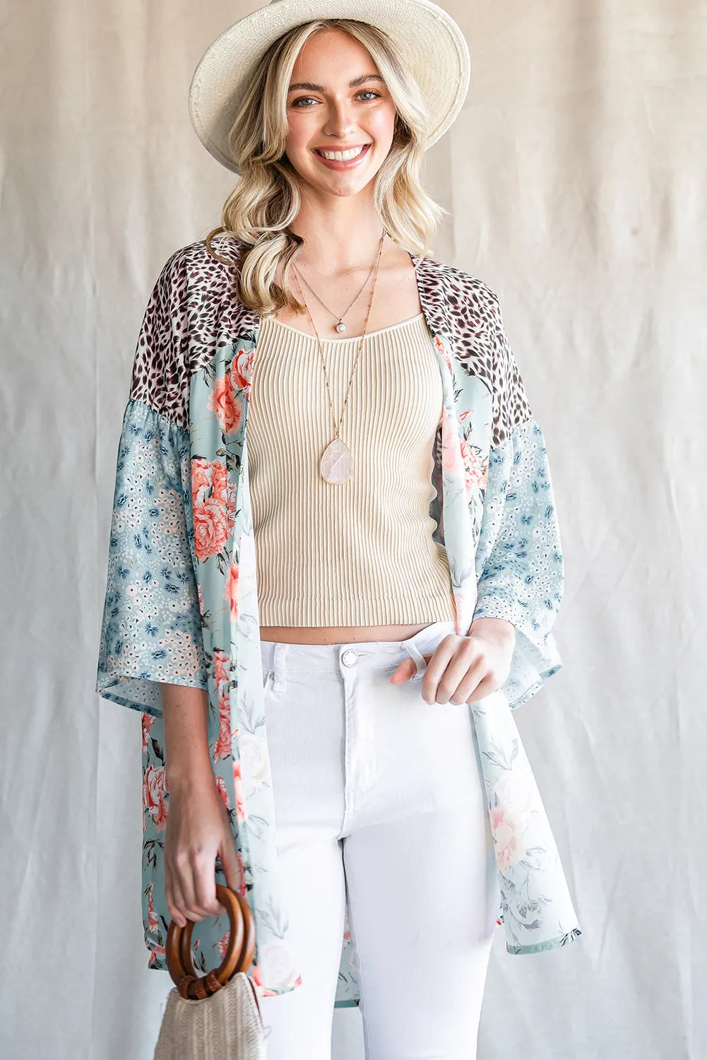 Animal Print Floral Three-Quarter Sleeve Cardigan