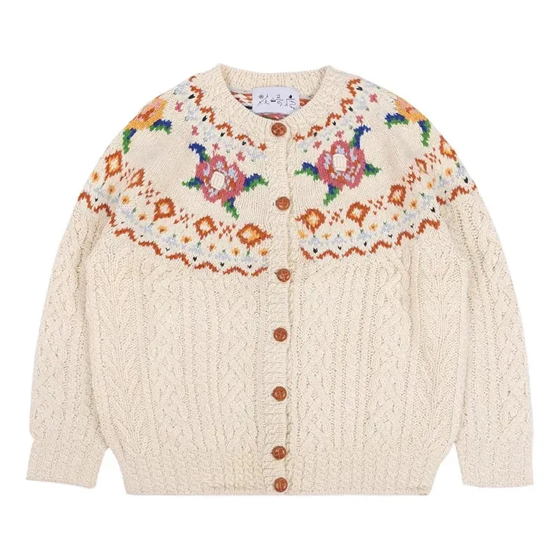 Autumn New Sweet Mori Style Handmade Embroidered Sweater Coat Round Neck Long Sleeve Cardigan Sweater C-176