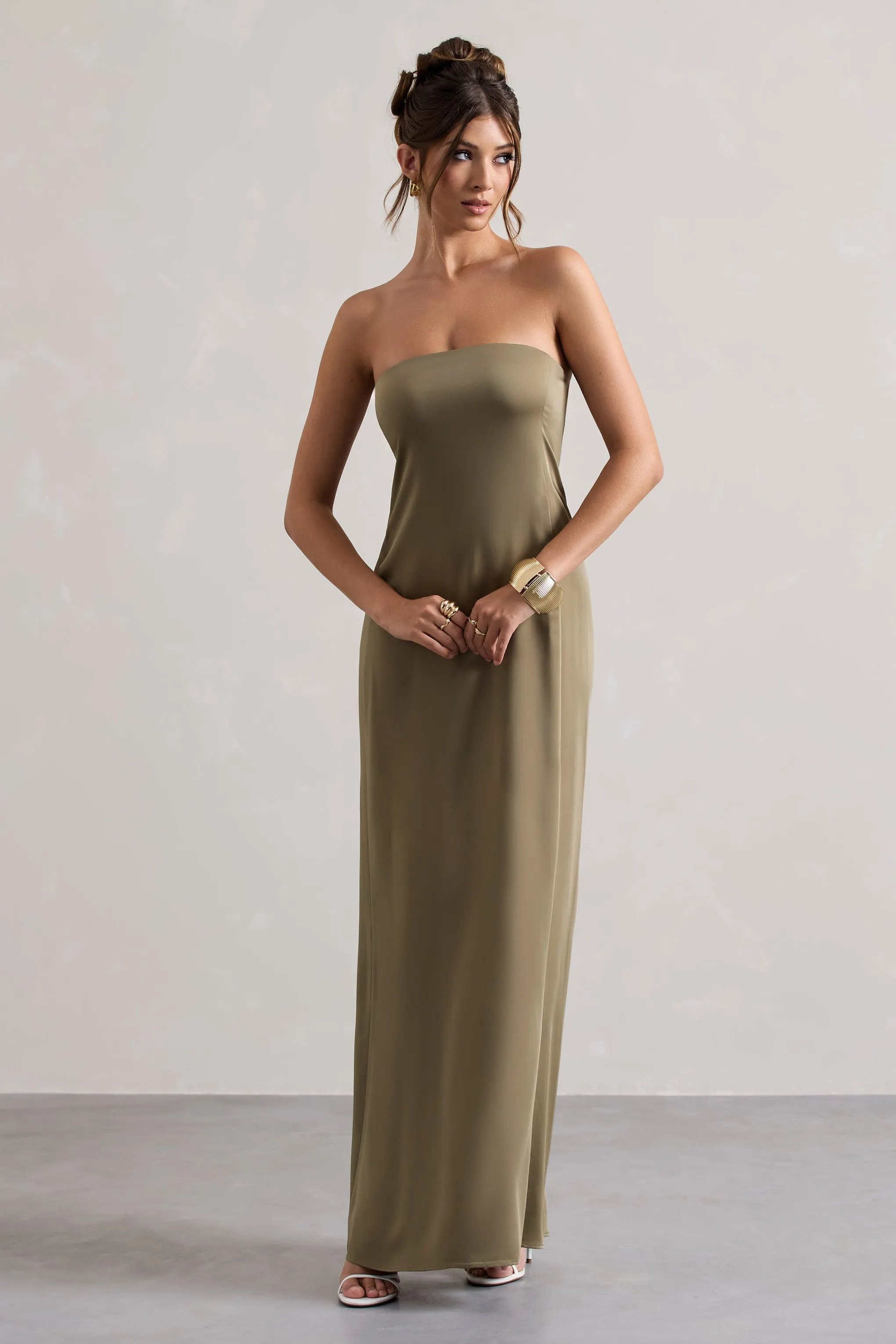 Azra | Olive Satin Bandeau Maxi Dress