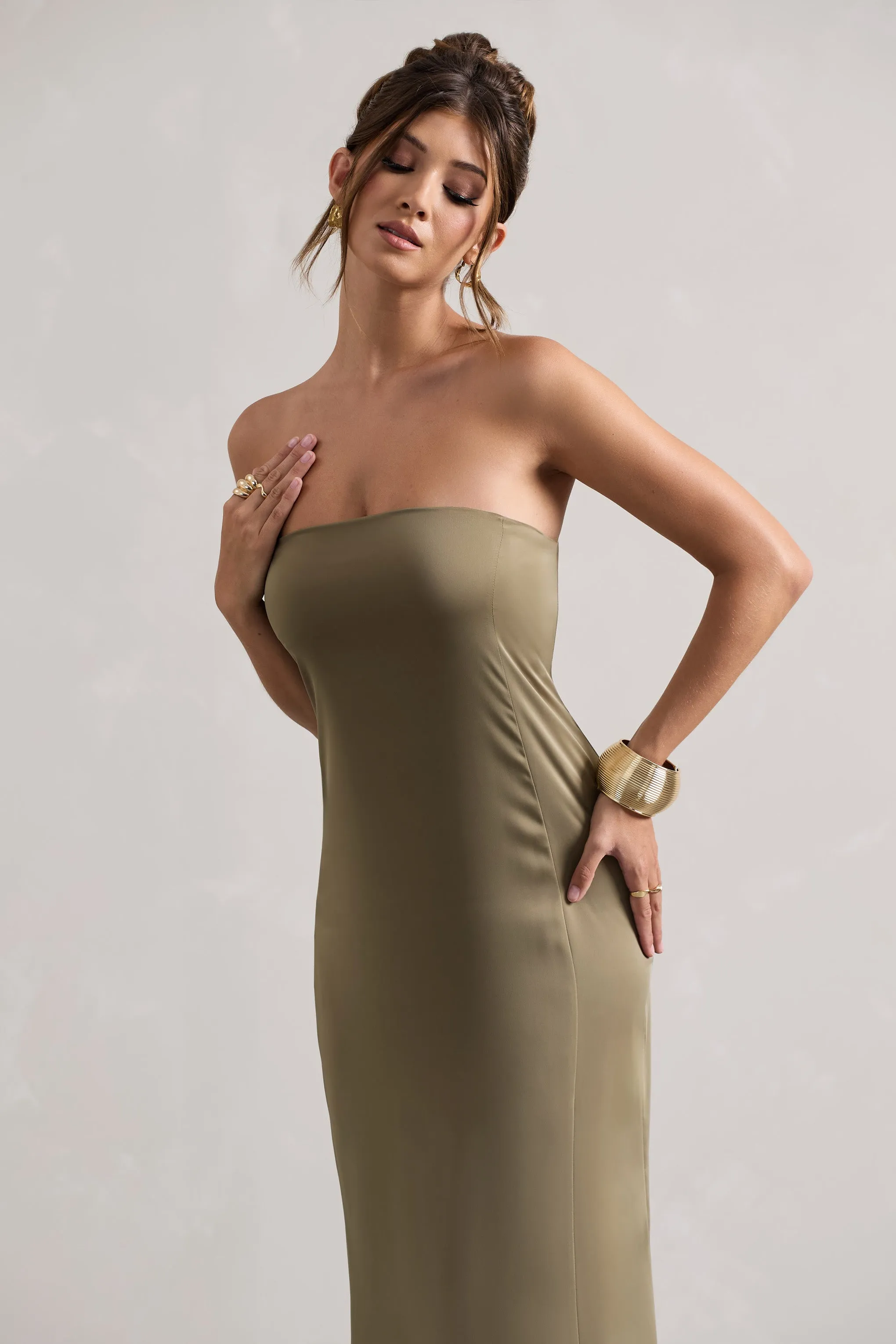 Azra | Olive Satin Bandeau Maxi Dress