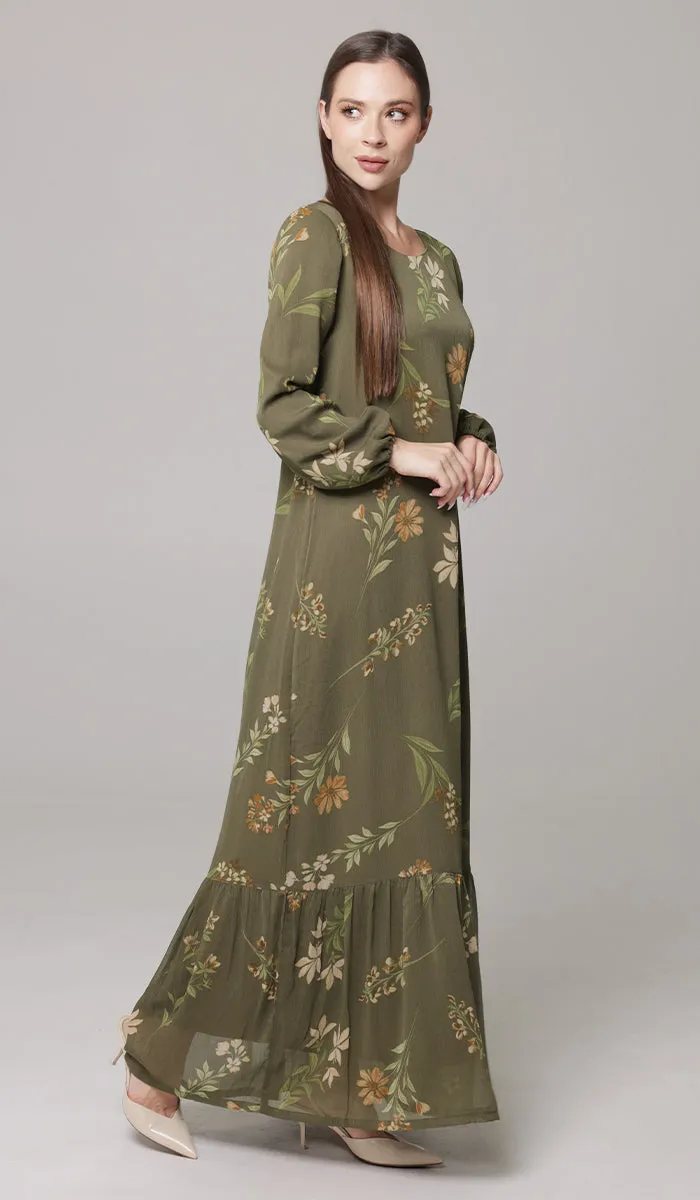 Batool Print Chiffon Modest Long Maxi Dress - Olive