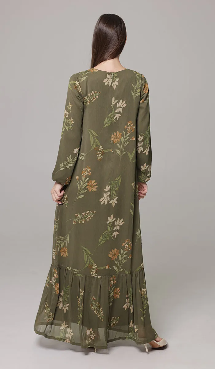 Batool Print Chiffon Modest Long Maxi Dress - Olive