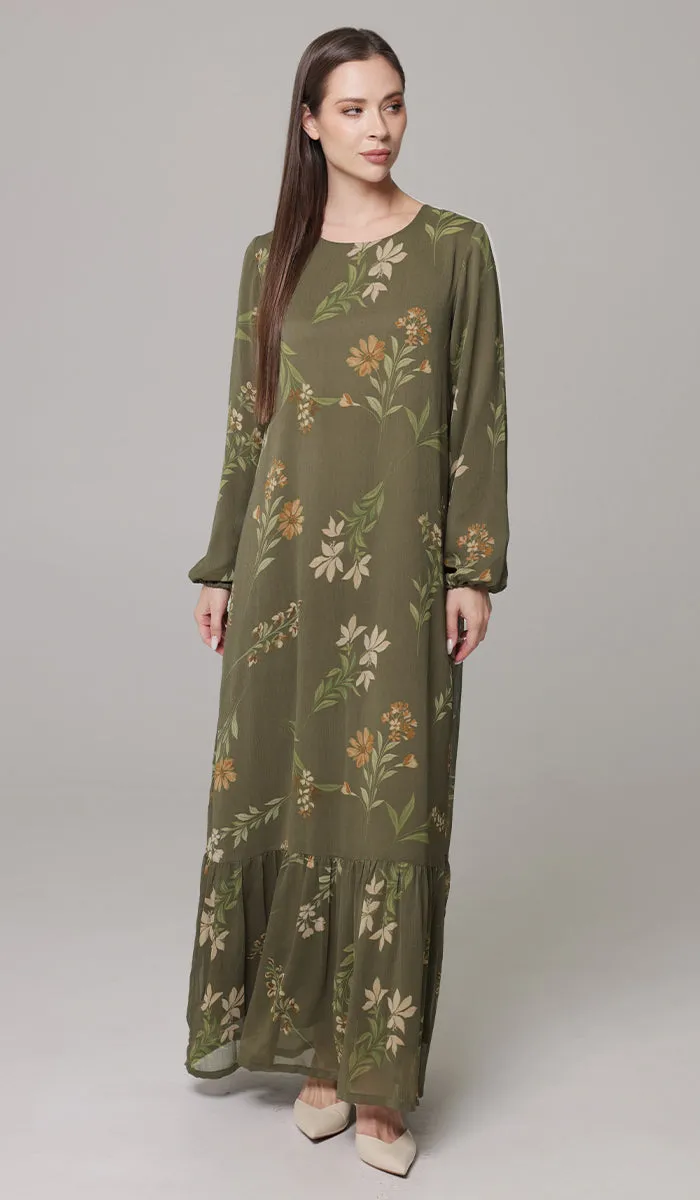 Batool Print Chiffon Modest Long Maxi Dress - Olive