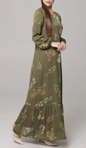 Batool Print Chiffon Modest Long Maxi Dress - Olive