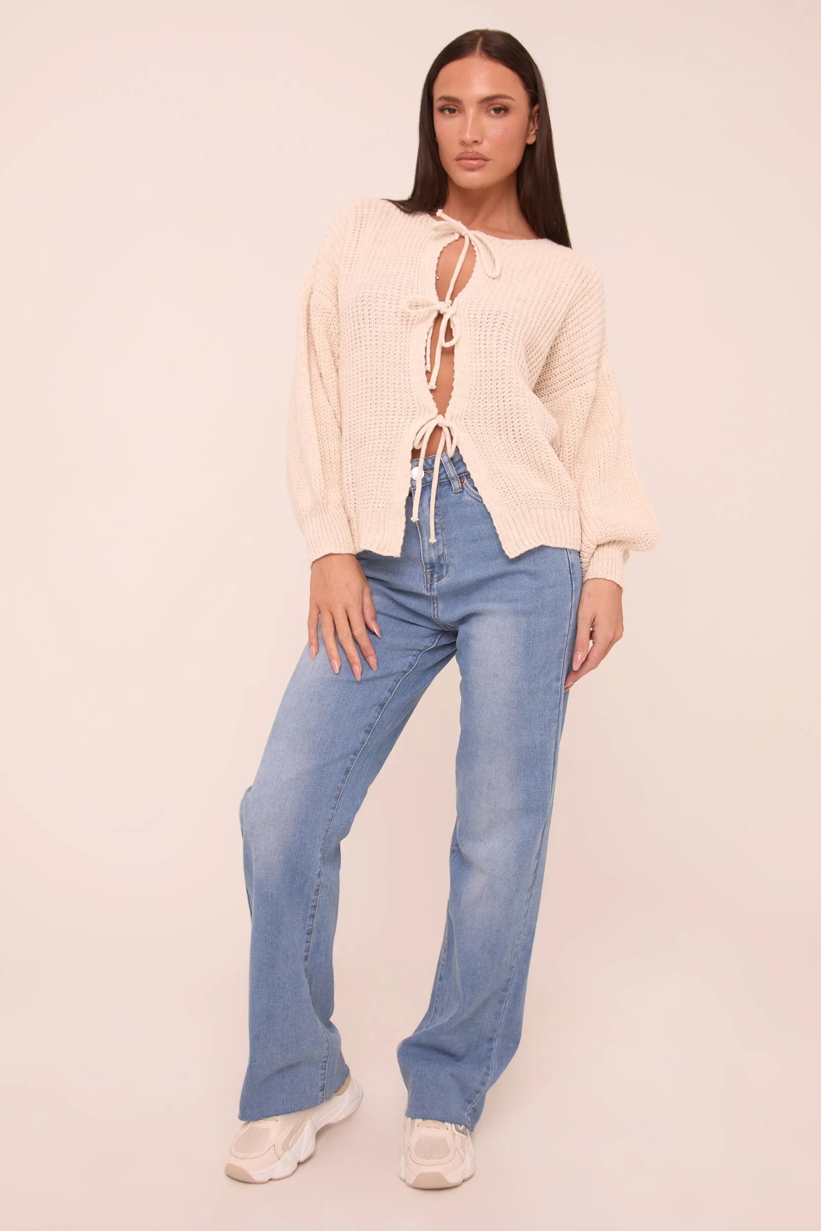 Beige Knit Tie Front Detail Long Sleeves Cardigan - Ava