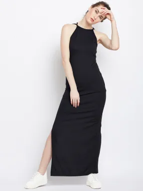 Berrylush Women Solid Black Round Neck Open Back Thigh-High Slit Maxi Dress