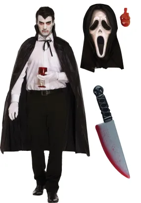 Black Long Dracula Cape with Collar Scream Bleeding Mask Fake Blooded Knife Weapon 38 Cm Halloween Scary Dracula Costume