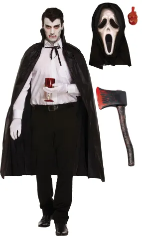 Black Long Dracula Cape with Collar, Scream Bleeding Mask, Fake Bloody Axe Prop - Halloween Scary Dracula Costume