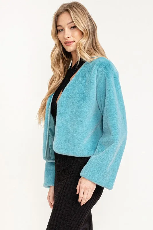 Blue Munsell Fuzzy Faux Fur Coat