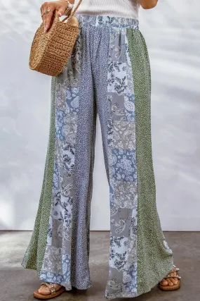 Blue Paisley Mixed Print Wide Leg Pants