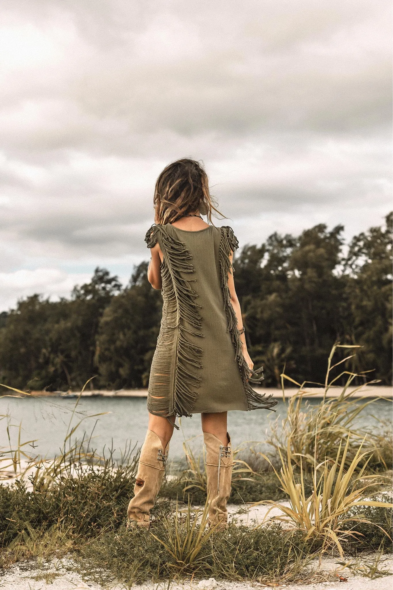 Boho Open Sides Dress • Dark Green Dress • Ladders Sides Mini Dress