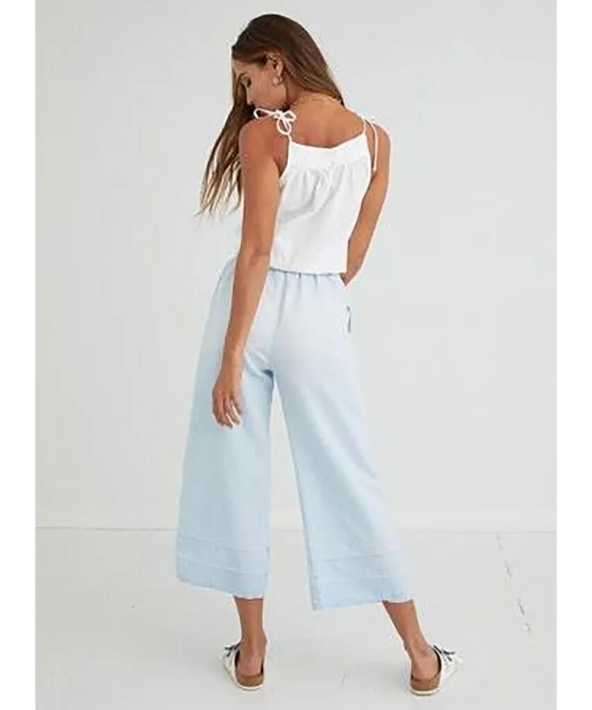 Button Front Wide Leg Crop Island Wash