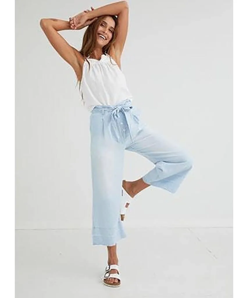 Button Front Wide Leg Crop Island Wash