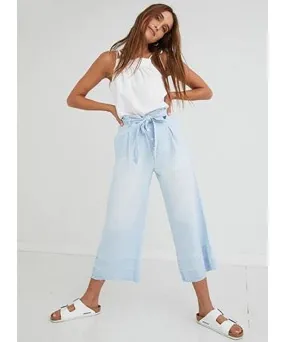 Button Front Wide Leg Crop Island Wash