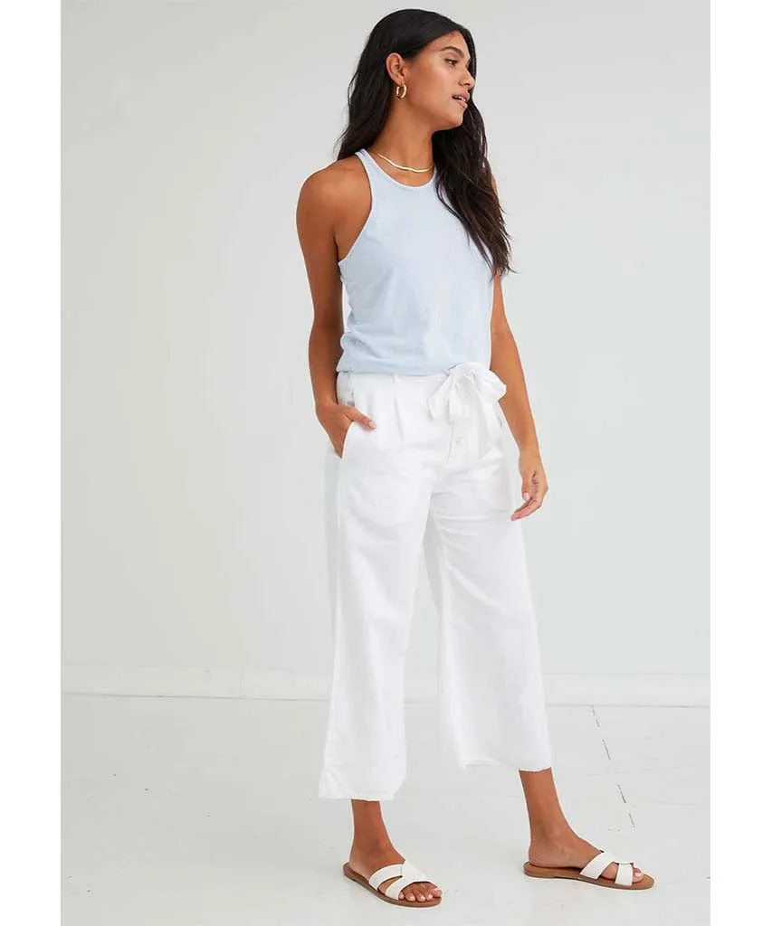 Button Front Wide Leg Crop White