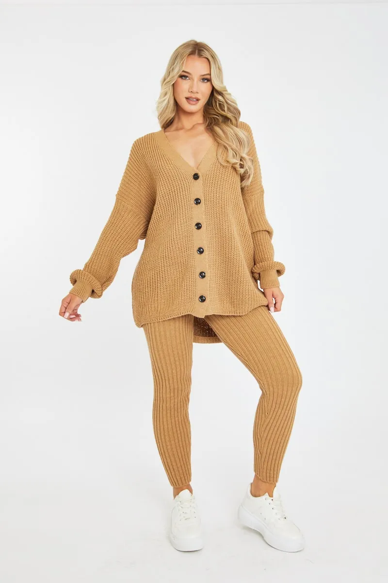 Camel Rib Knit Oversized Cardigan and Legging Set - Paola