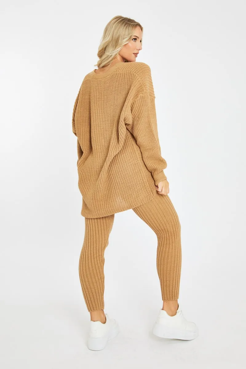 Camel Rib Knit Oversized Cardigan and Legging Set - Paola