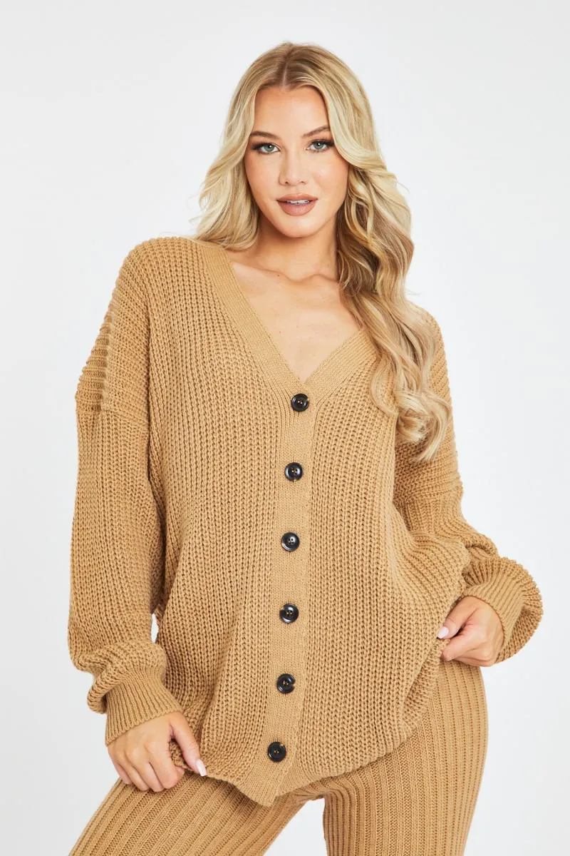 Camel Rib Knit Oversized Cardigan and Legging Set - Paola