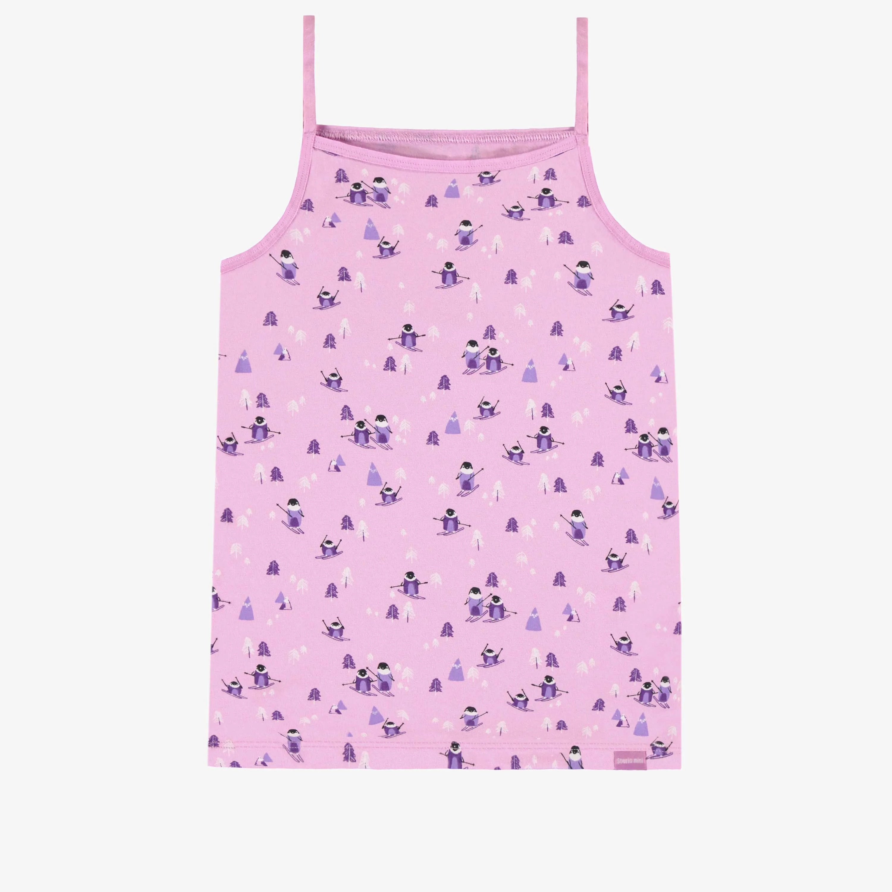 Camisole rose violacé à motifs de pingouins en jersey extensible, enfant || Purplish pink camisole with penguin all over print in stretch jersey, child