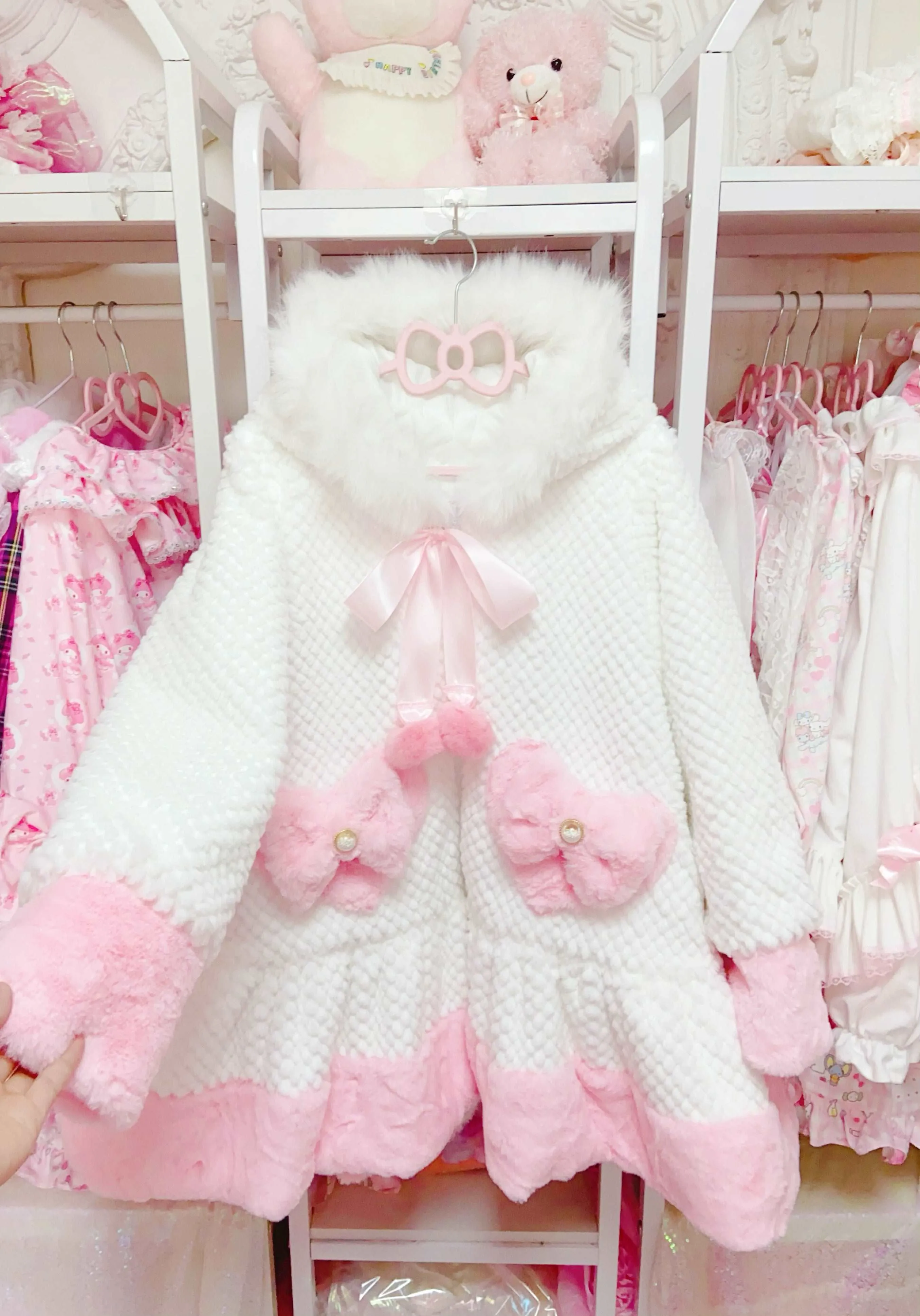 Candy Fairy Winter Velvet Cotton White Pink Thick Hooded Fur Jacket