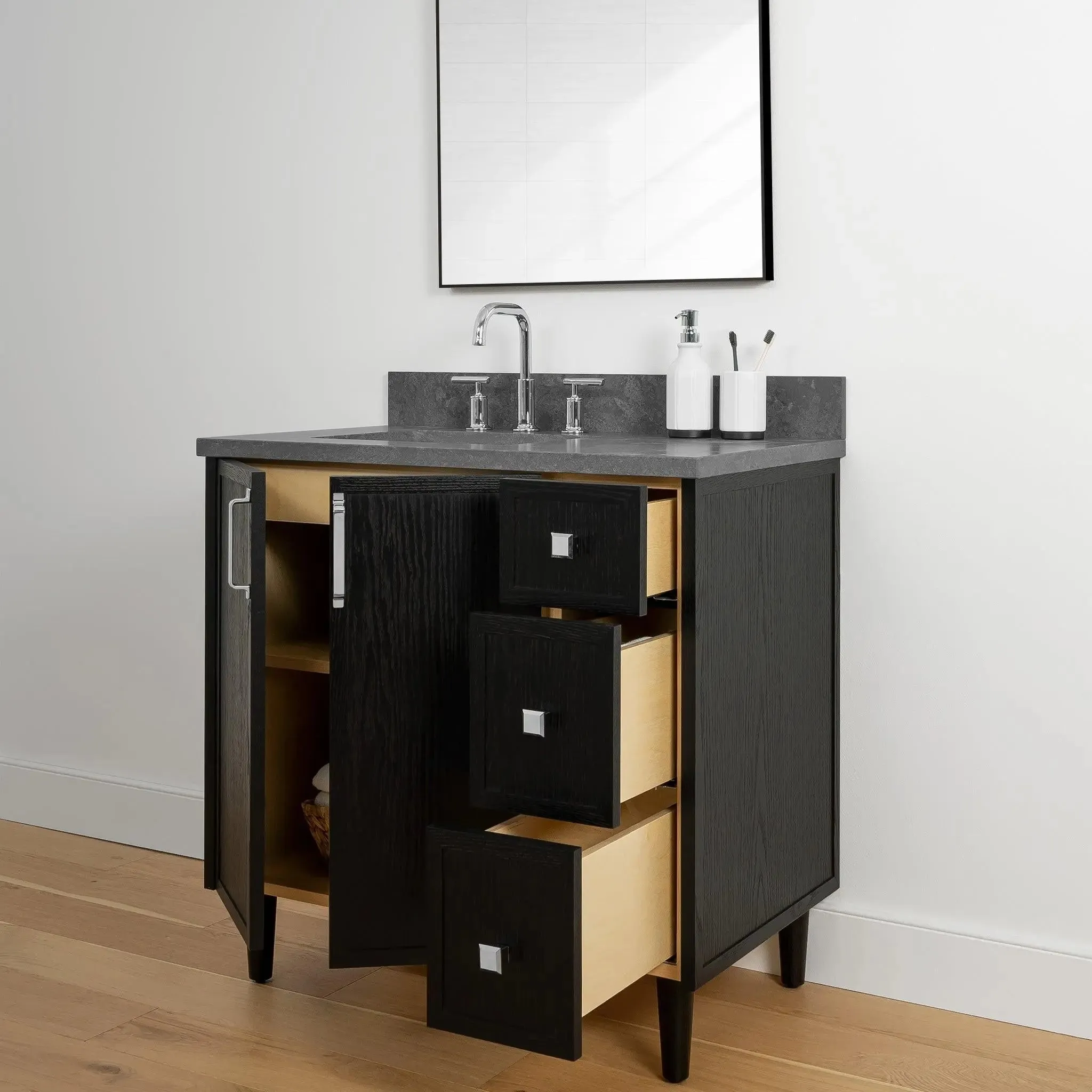 Cape Breton 36" Blackened Oak Bathroom Vanity, Left Sink