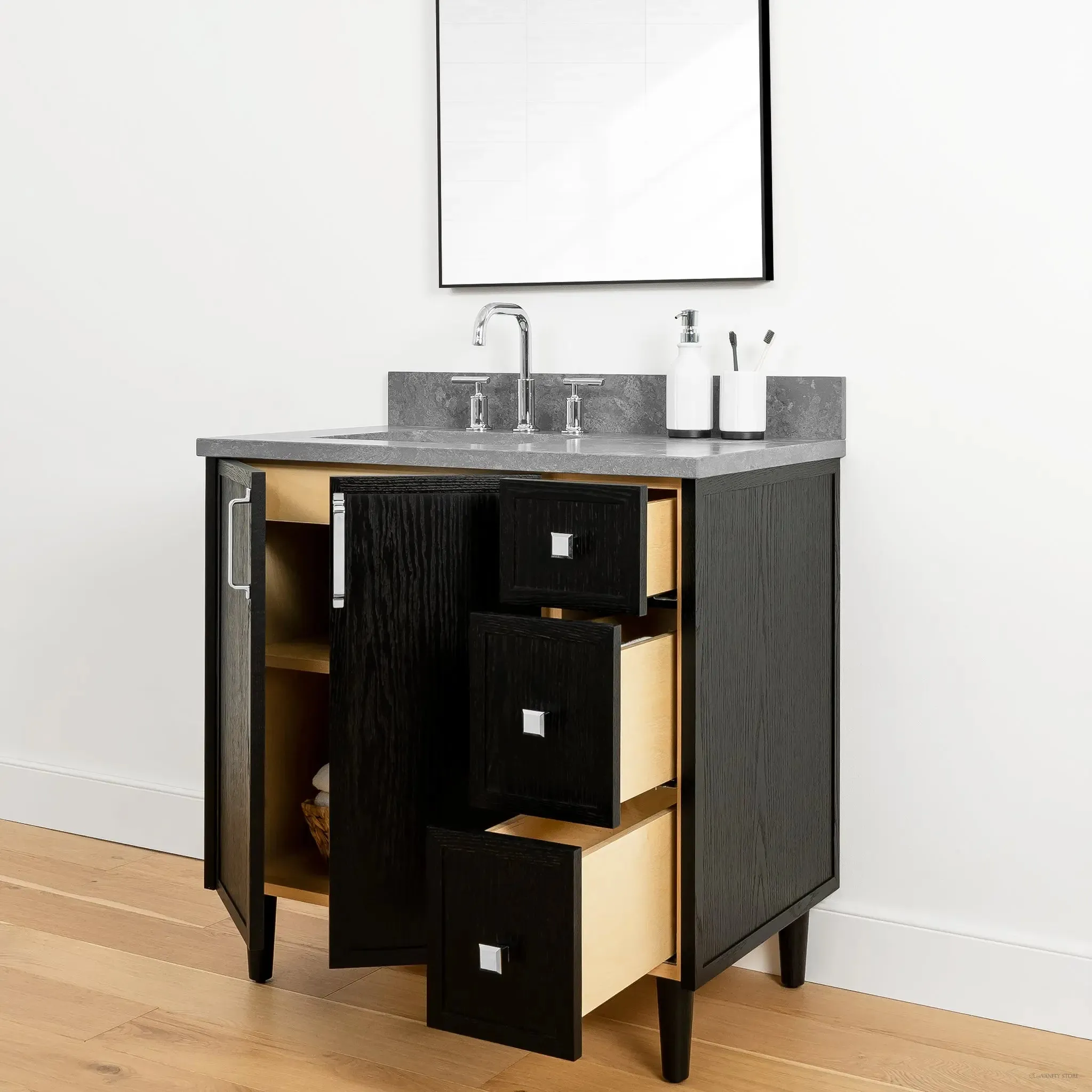 Cape Breton 36" Blackened Oak Bathroom Vanity, Left Sink