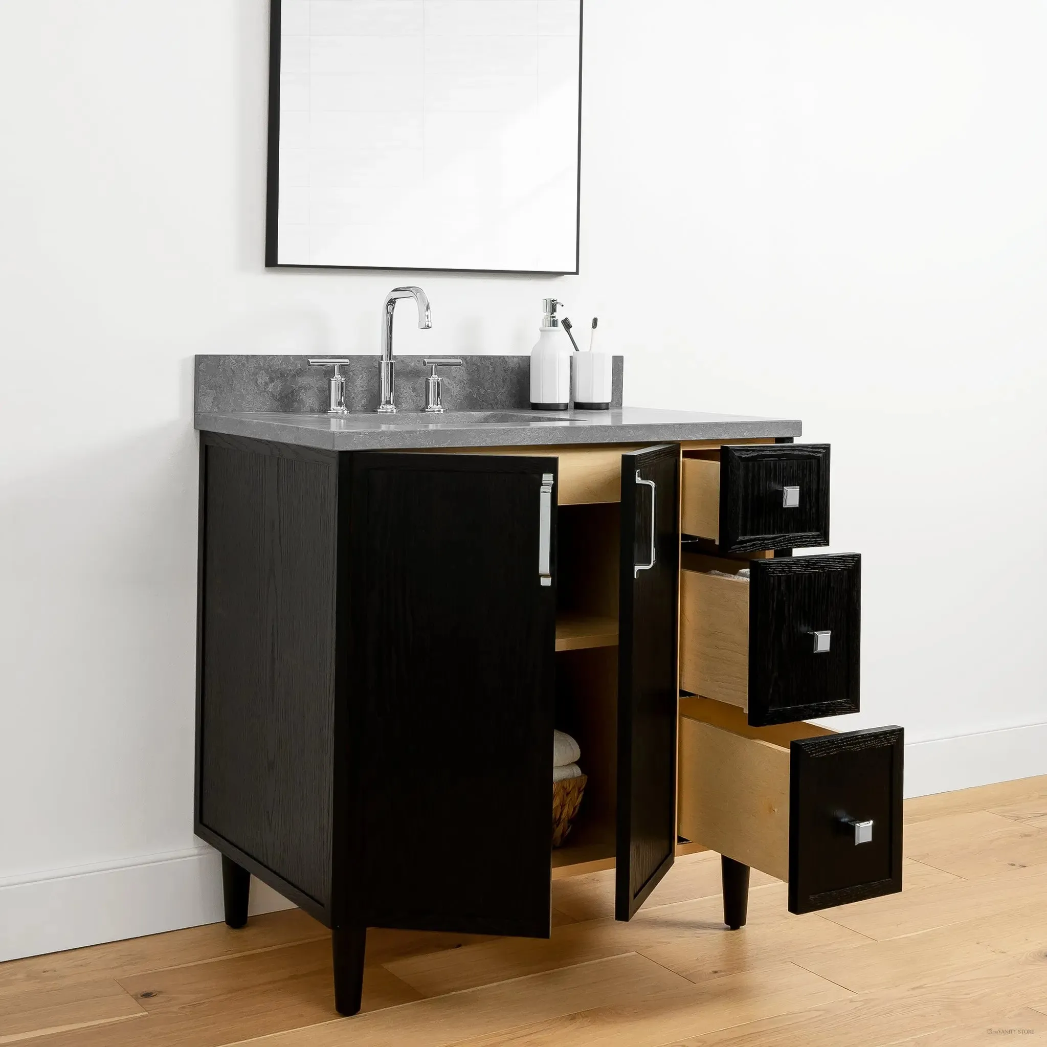 Cape Breton 36" Blackened Oak Bathroom Vanity, Left Sink