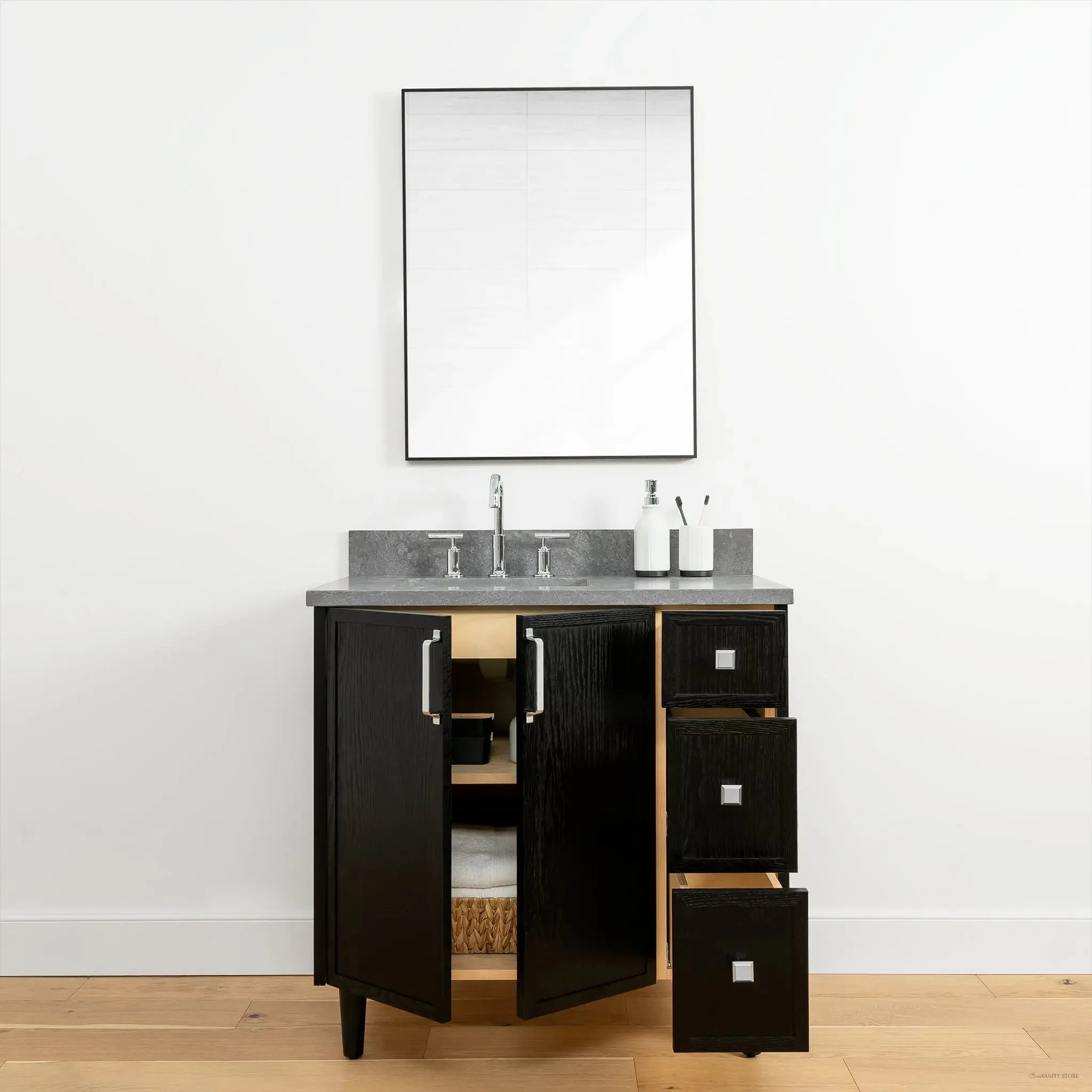 Cape Breton 36" Blackened Oak Bathroom Vanity, Left Sink