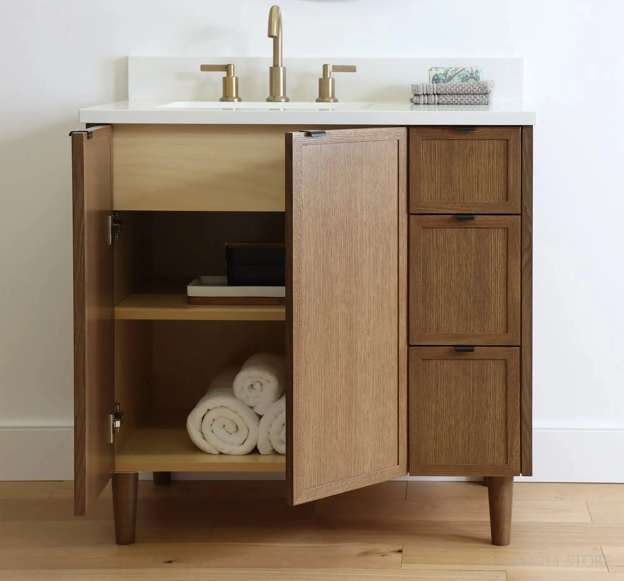 Cape Breton 36" Mid Century Oak Bathroom Vanity, Left Sink