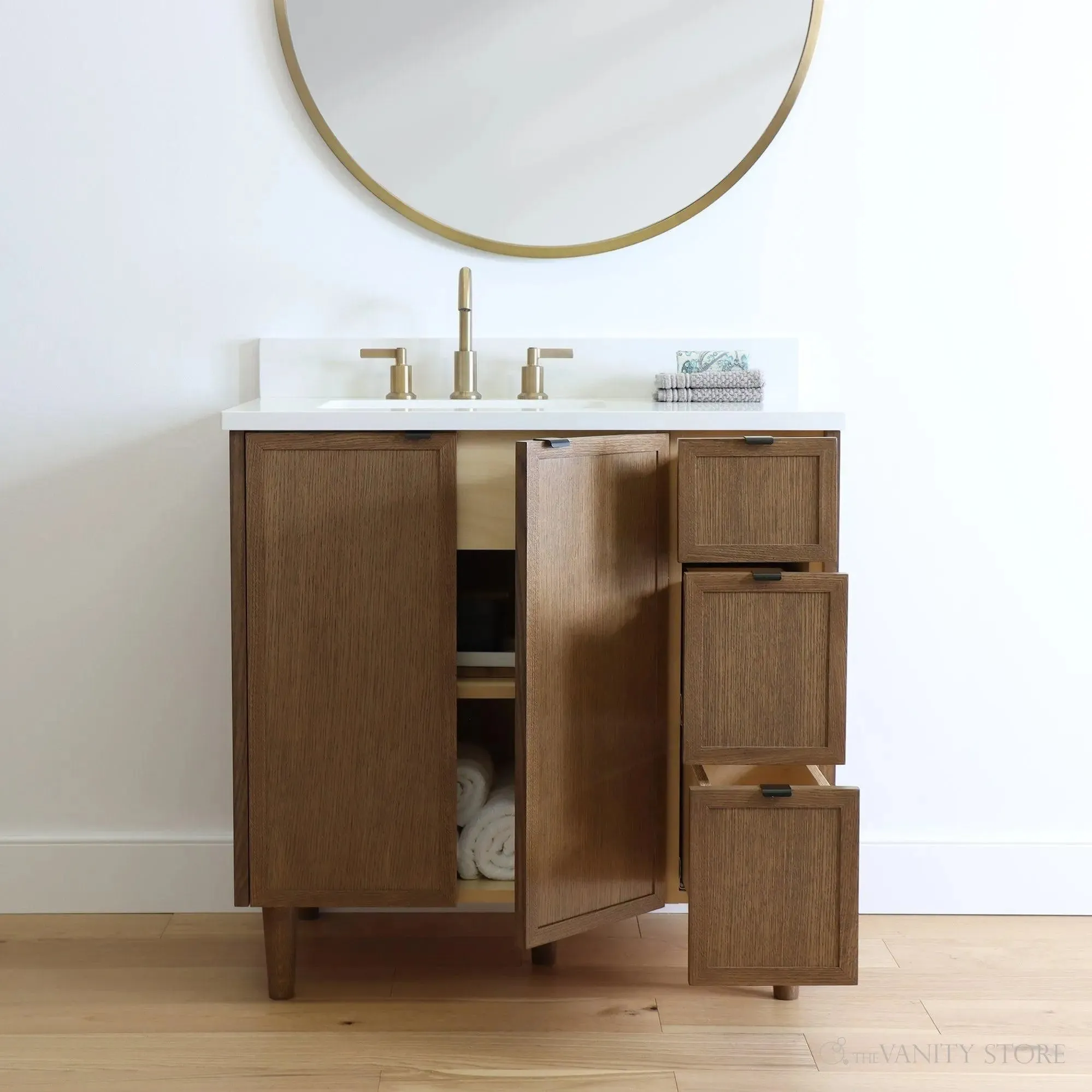 Cape Breton 36" Mid Century Oak Bathroom Vanity, Left Sink