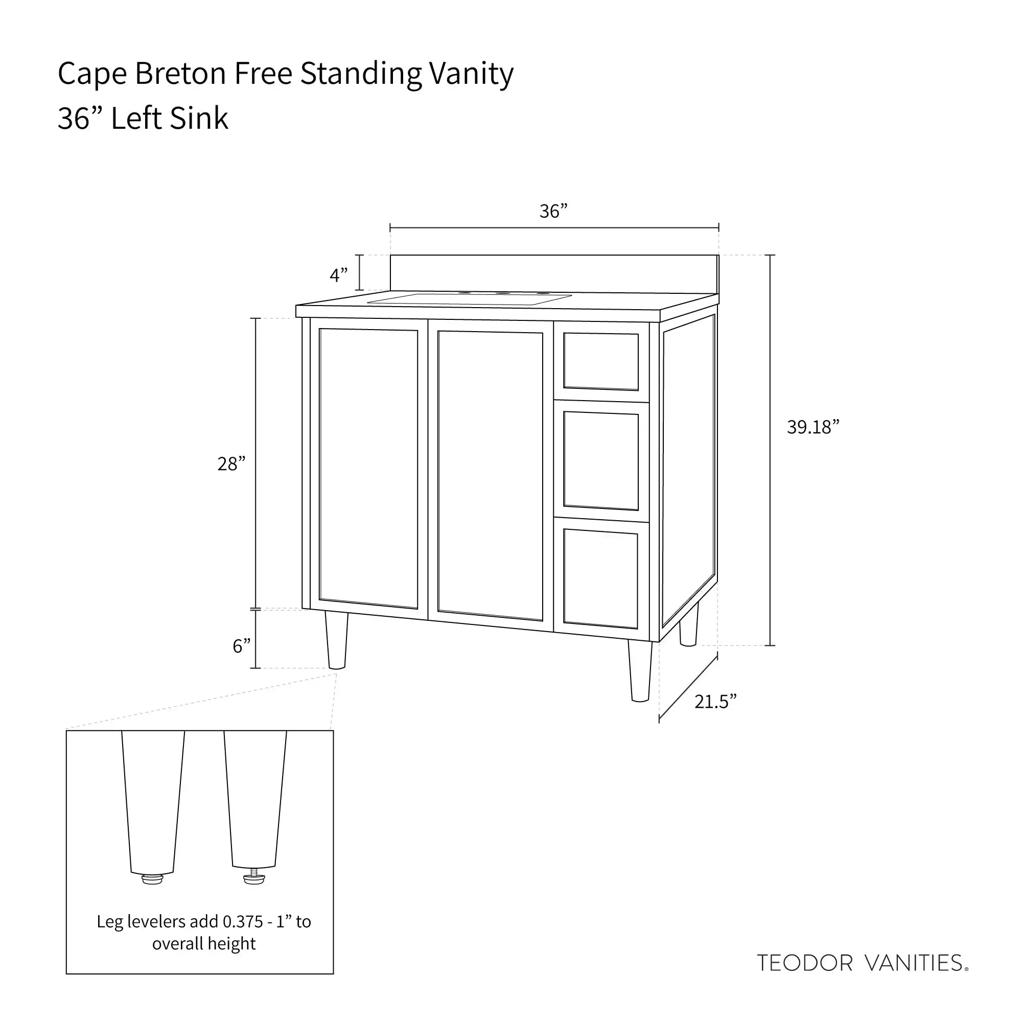 Cape Breton 36" Mid Century Oak Bathroom Vanity, Left Sink