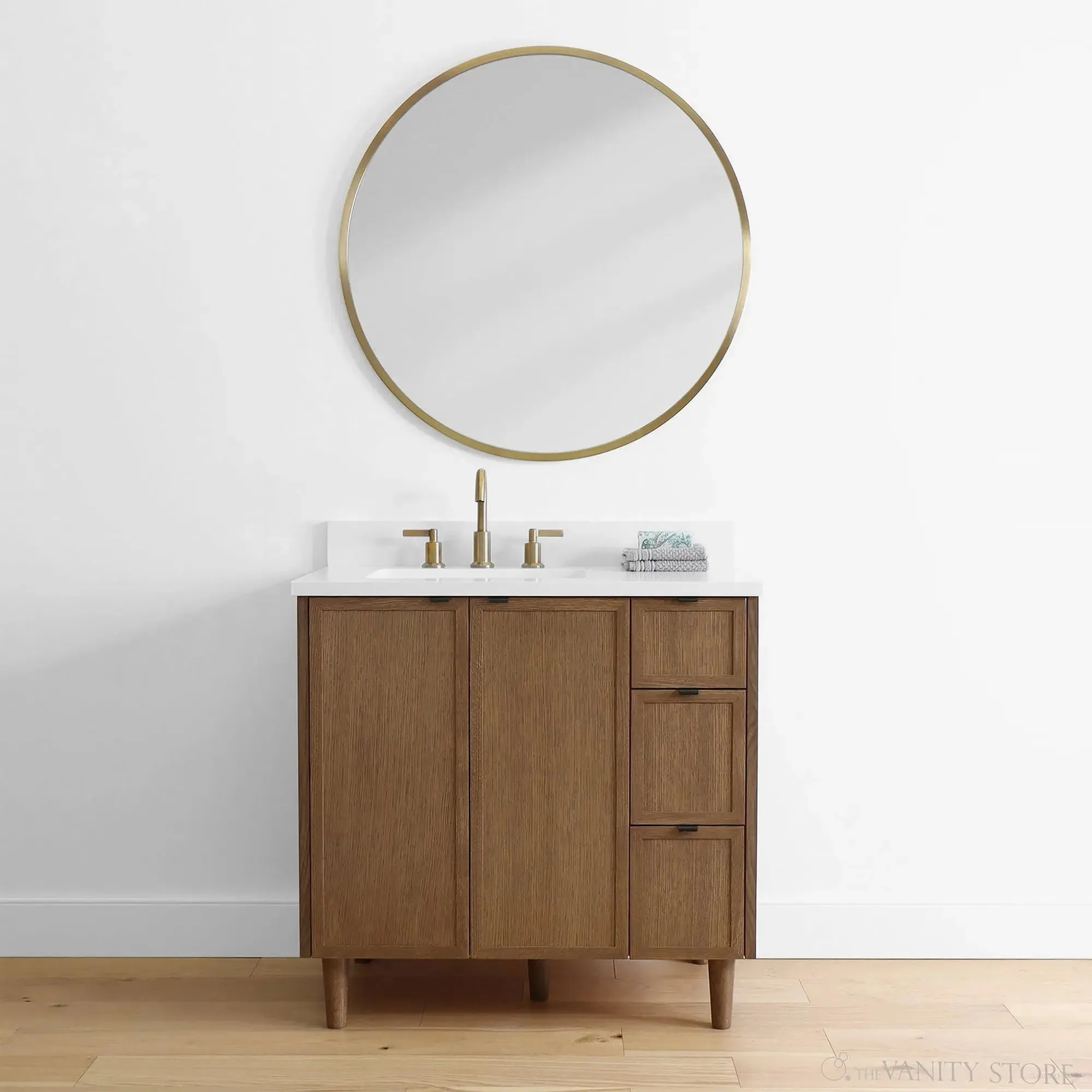 Cape Breton 36" Mid Century Oak Bathroom Vanity, Left Sink