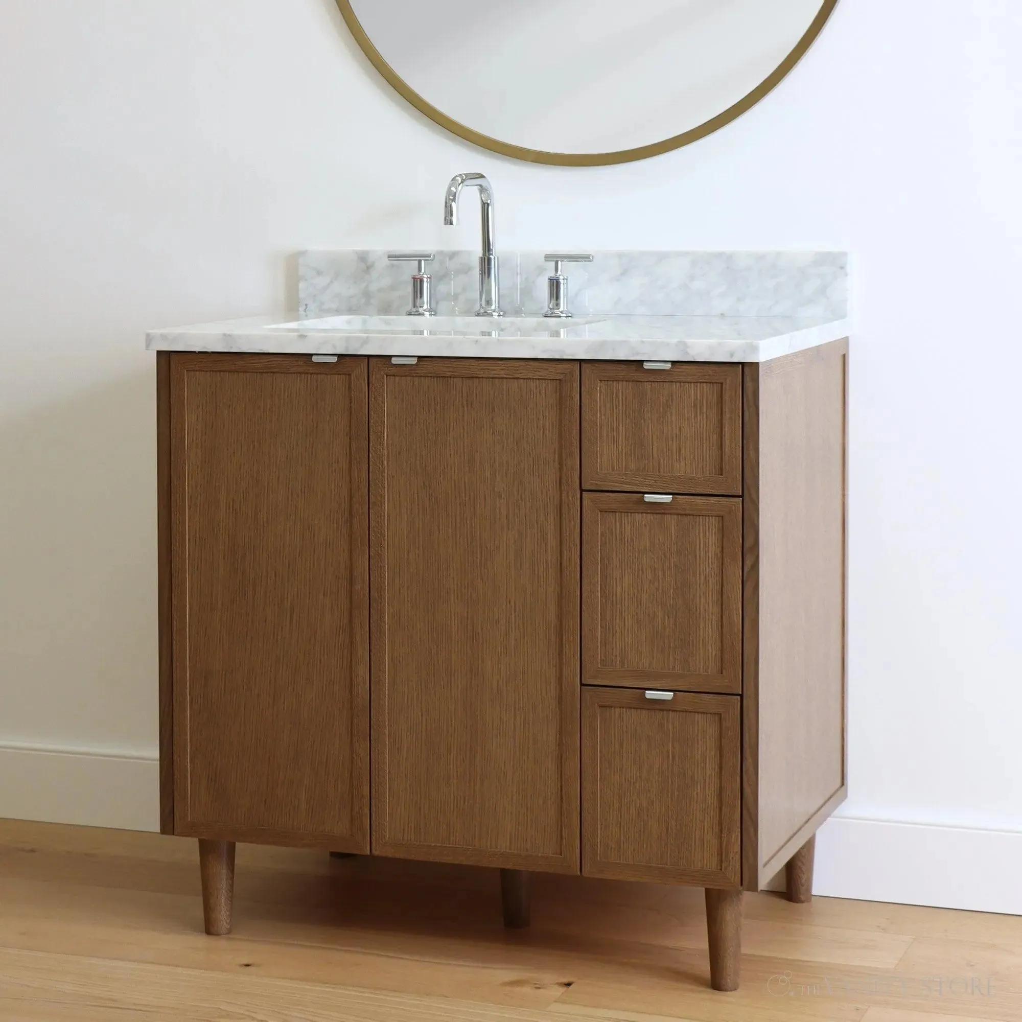 Cape Breton 36" Mid Century Oak Bathroom Vanity, Left Sink