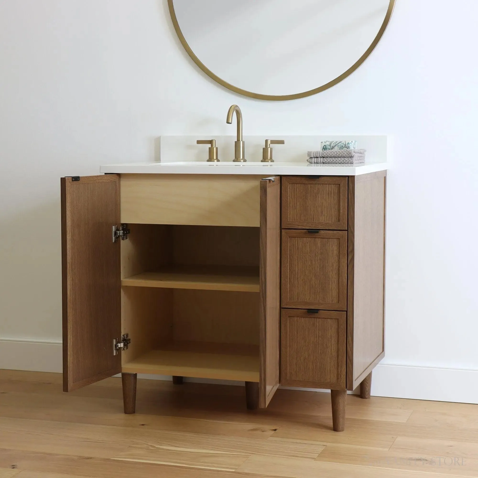 Cape Breton 36" Mid Century Oak Bathroom Vanity, Left Sink