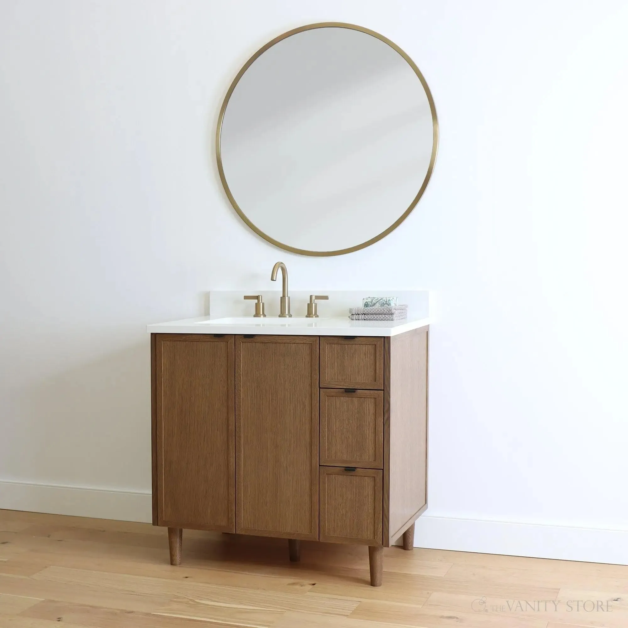 Cape Breton 36" Mid Century Oak Bathroom Vanity, Left Sink