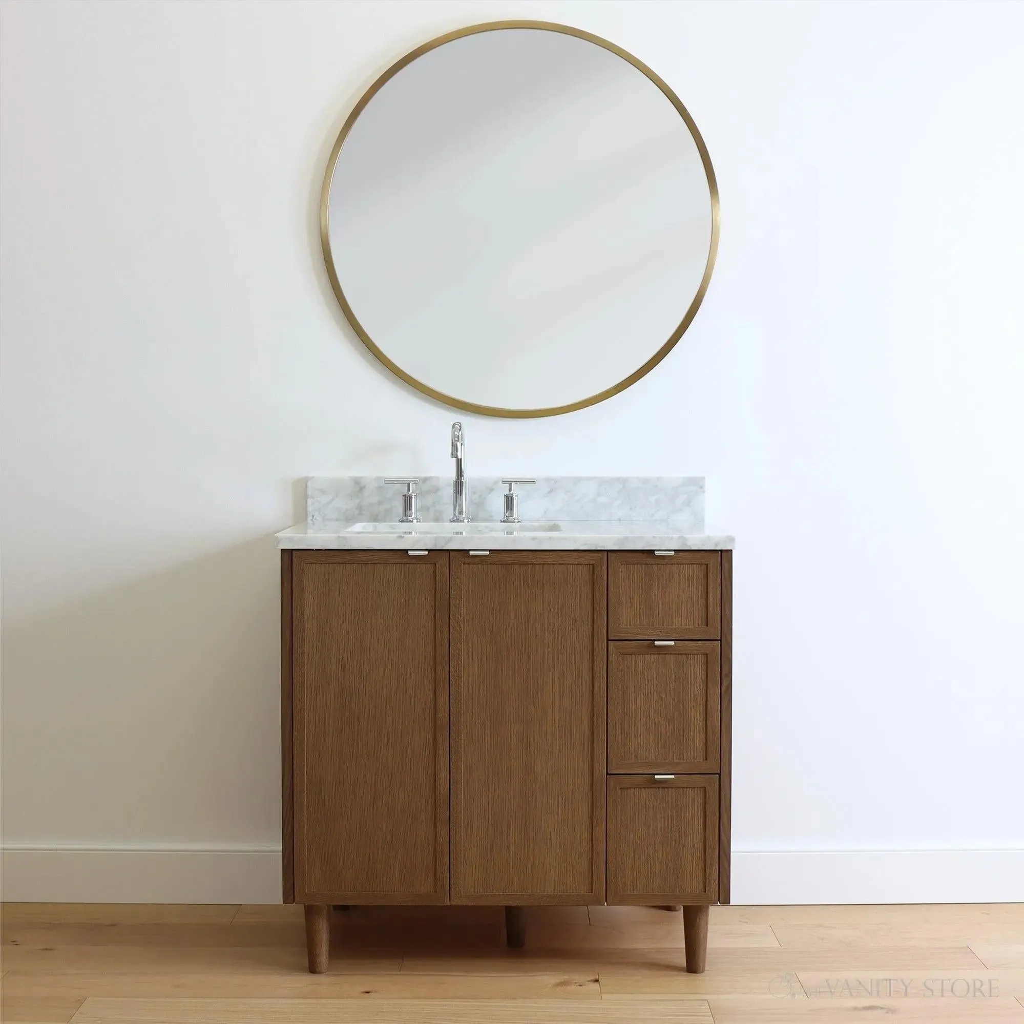 Cape Breton 36" Mid Century Oak Bathroom Vanity, Left Sink