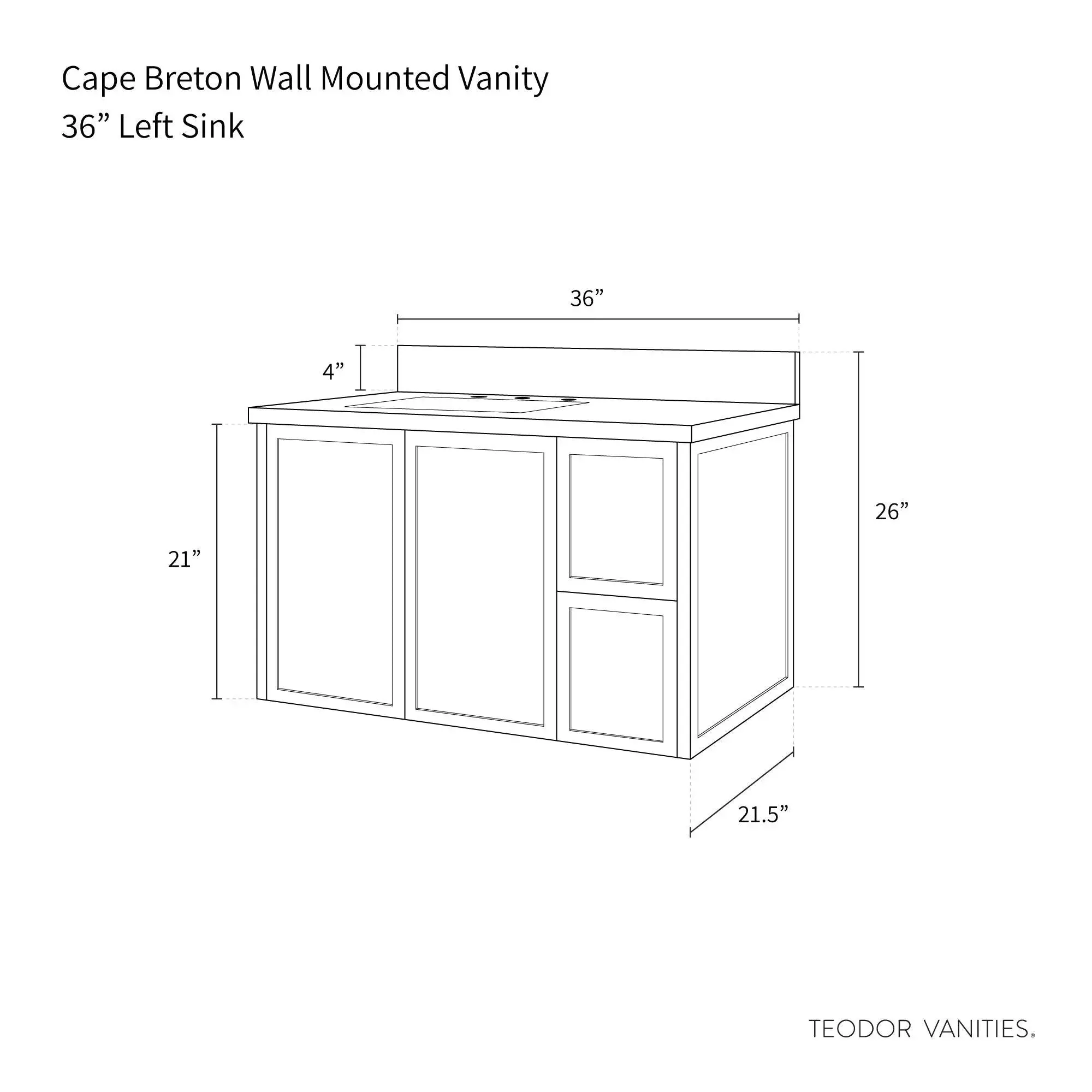 Cape Breton 36" Wall Mount Mid Century Oak Bathroom Vanity, Left Sink