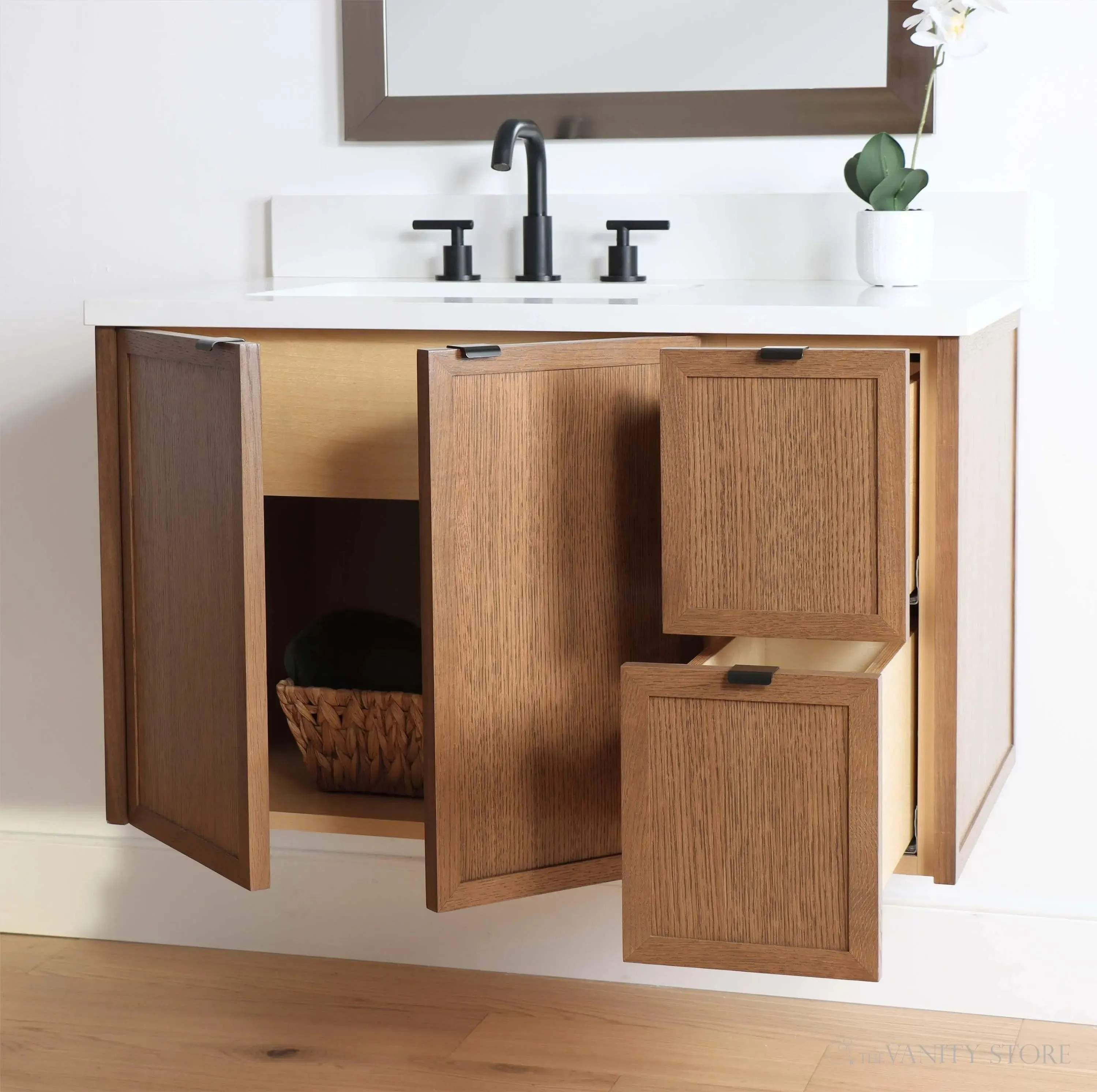 Cape Breton 36" Wall Mount Mid Century Oak Bathroom Vanity, Left Sink