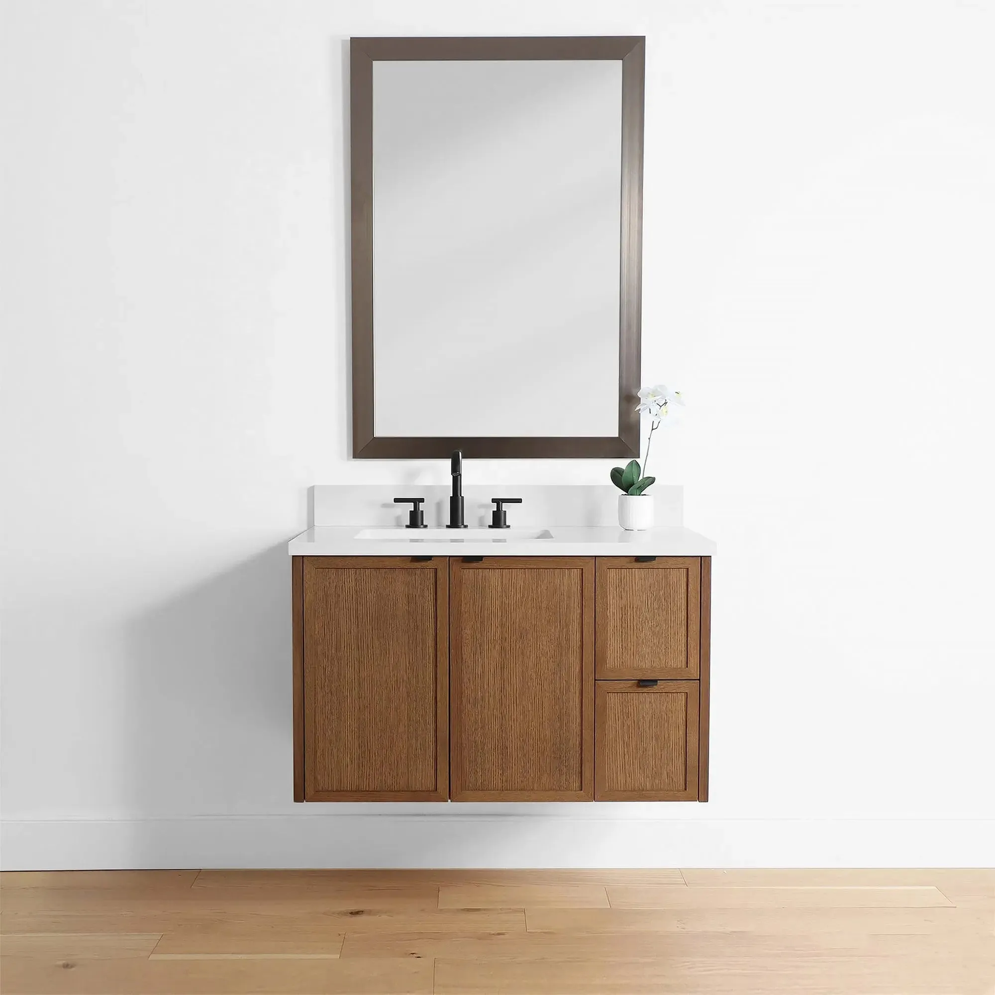 Cape Breton 36" Wall Mount Mid Century Oak Bathroom Vanity, Left Sink