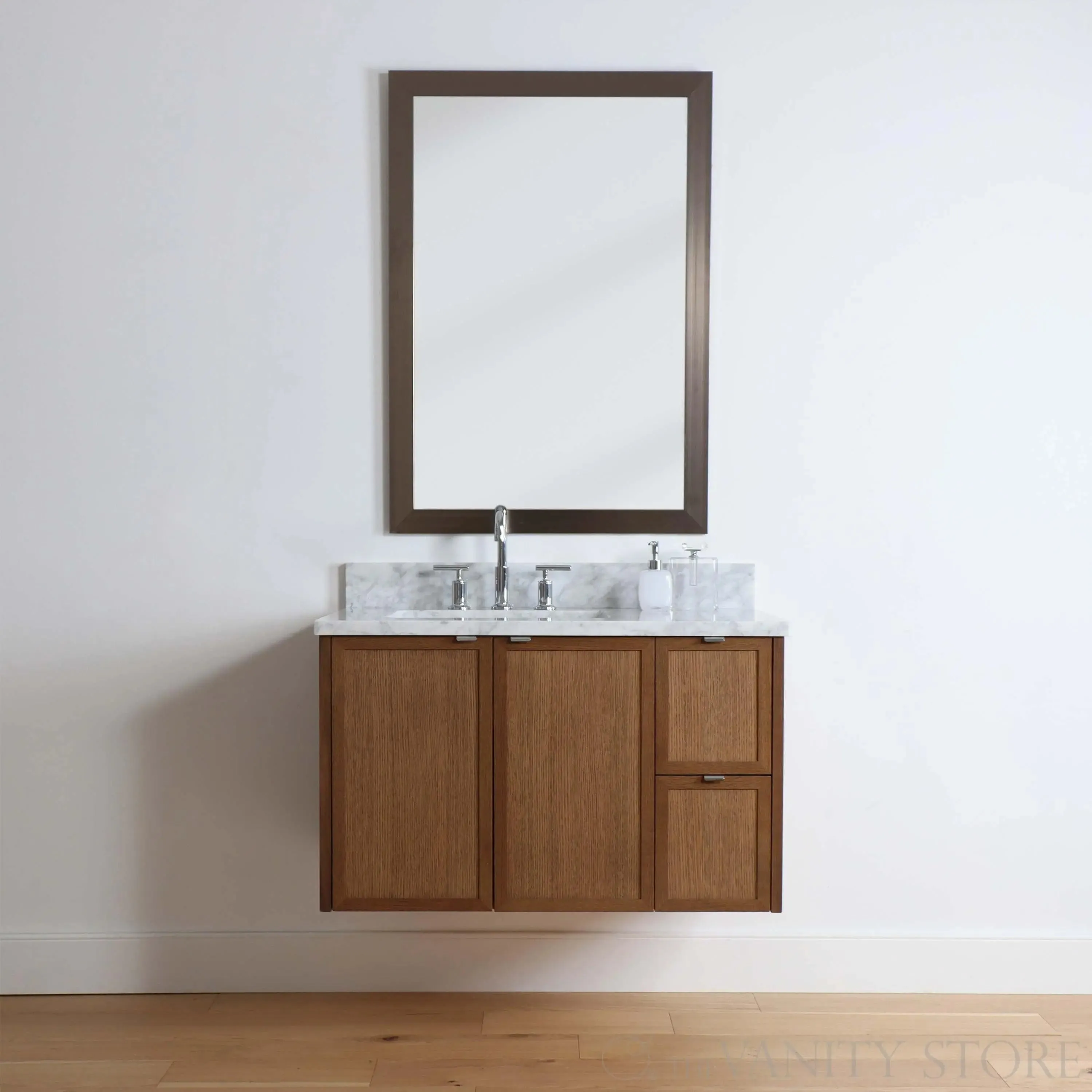 Cape Breton 36" Wall Mount Mid Century Oak Bathroom Vanity, Left Sink