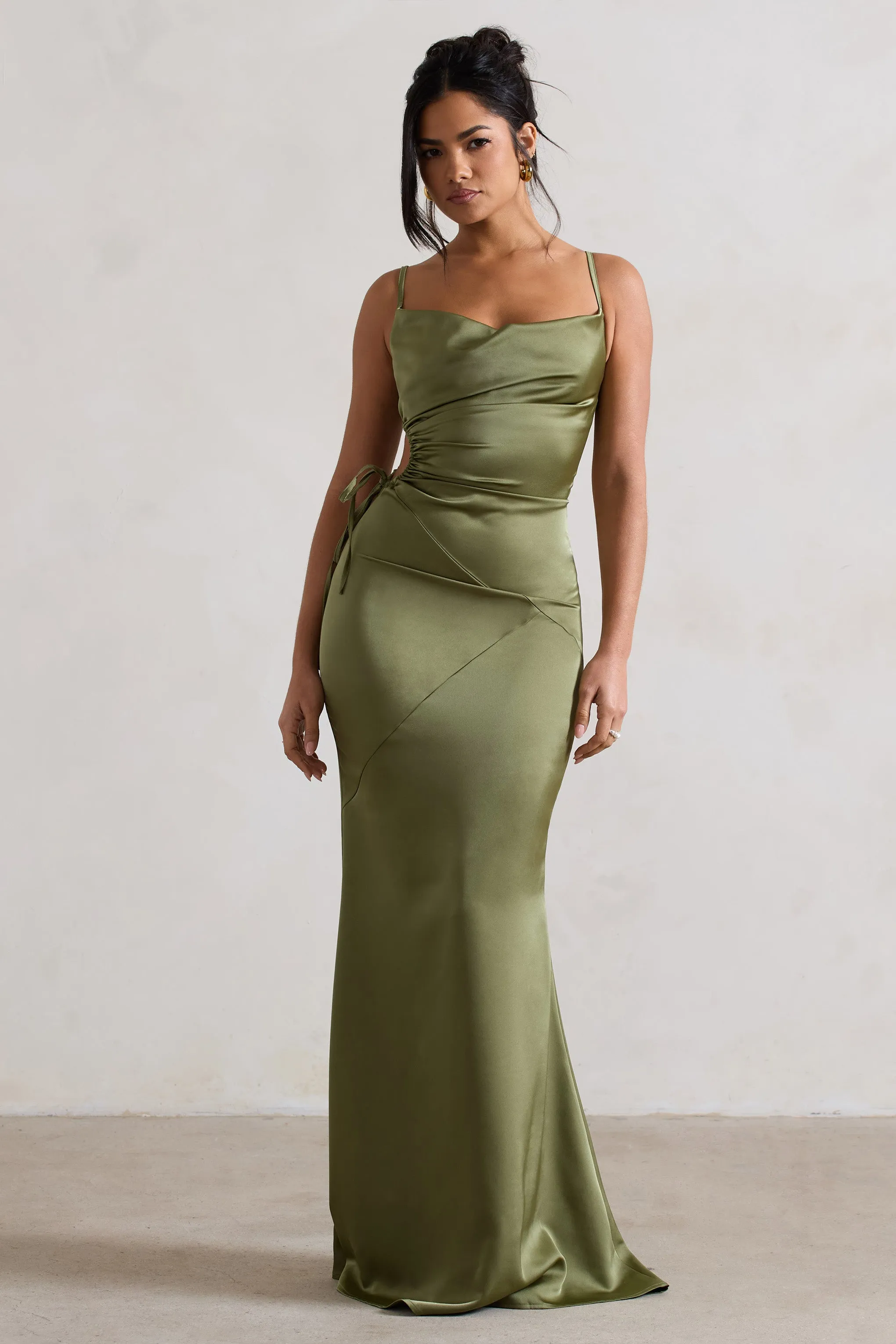 Carter | Olive Green Satin Cowl-Neck Maxi Dress With Cut-Out